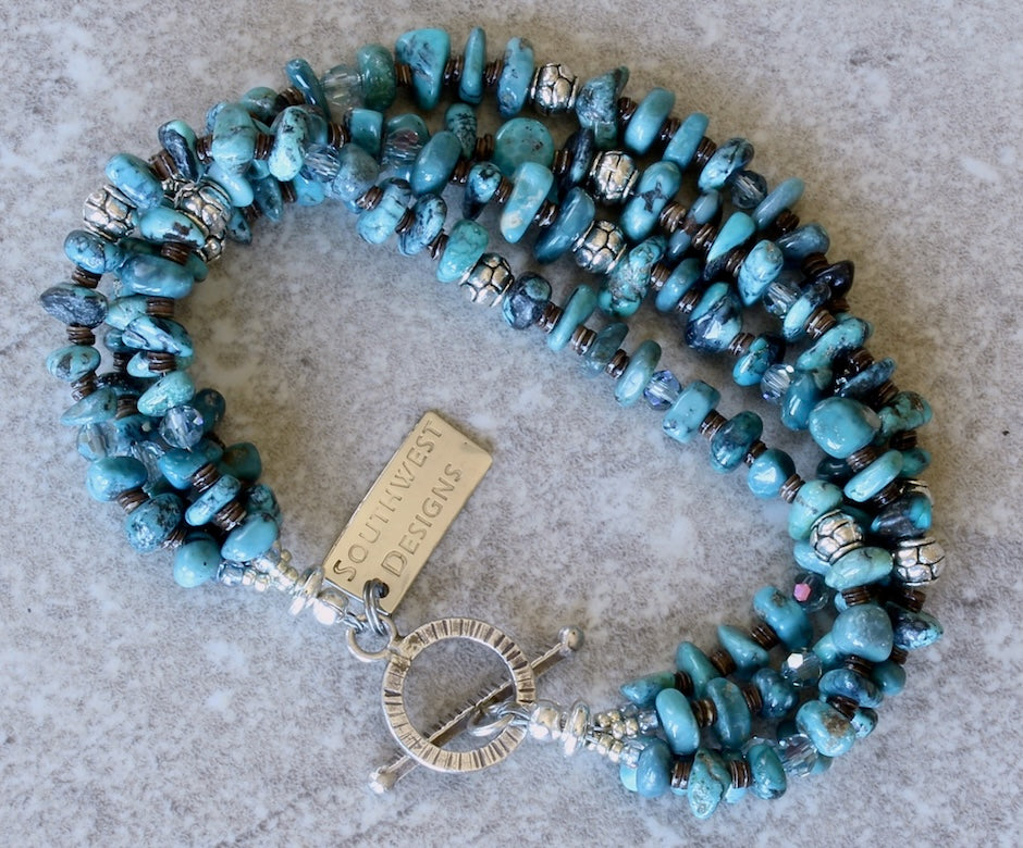 Nevada Turquoise Nugget 3-Strand Bracelet with Olive Shell Heishi, Czech Glass and Sterling Silver