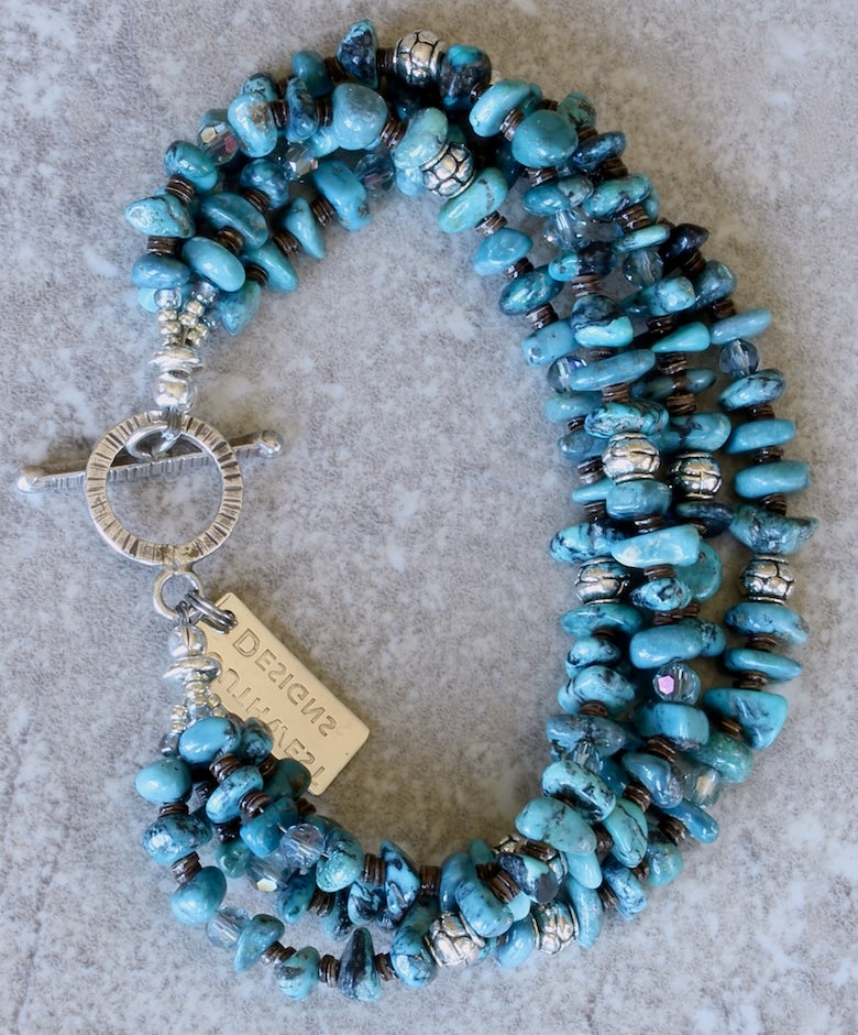 Nevada Turquoise Nugget 3-Strand Bracelet with Olive Shell Heishi, Czech Glass and Sterling Silver