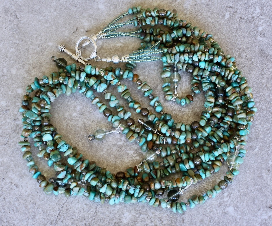 Turquoise Nugget 5-Strand Necklace with Czech Glass and Sterling Silver