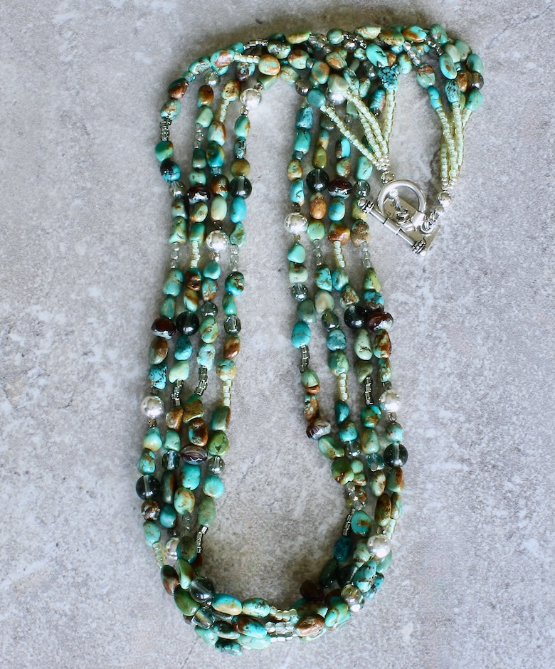 Turquoise Oval Nugget 4-Strand Necklace with Czech Glass and Sterling Silver Beads and Toggle Clasp