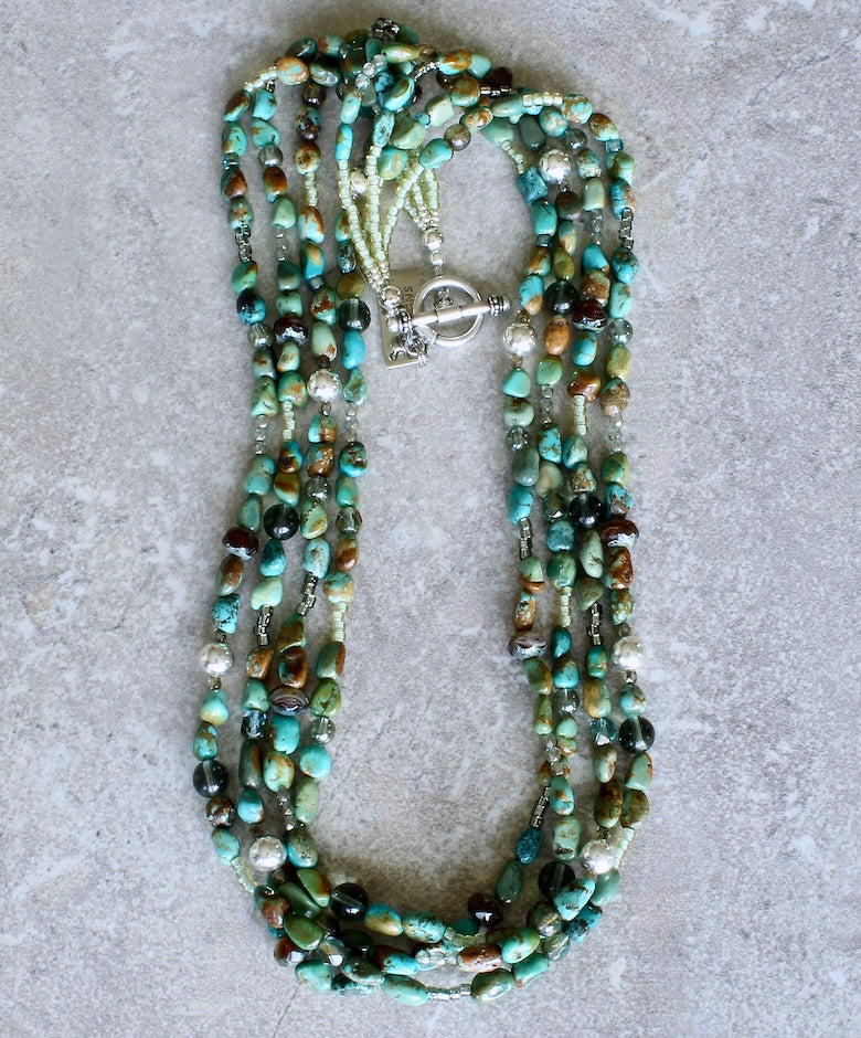 Turquoise Oval Nugget 4-Strand Necklace with Czech Glass and Sterling Silver Beads and Toggle Clasp
