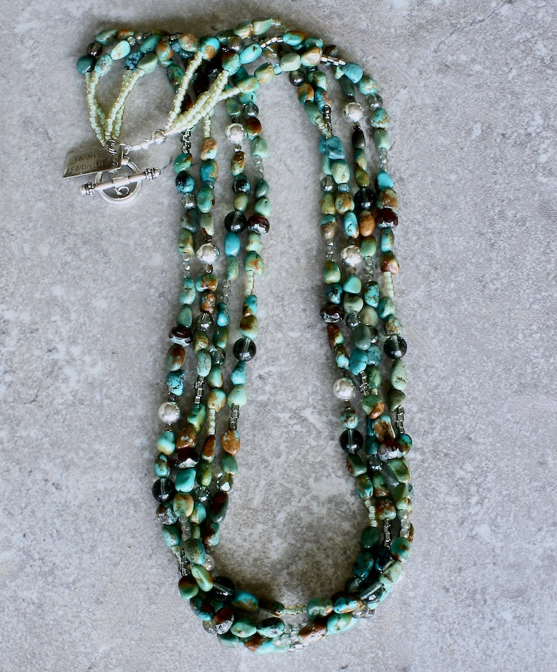 Turquoise Oval Nugget 4-Strand Necklace with Czech Glass and Sterling Silver Beads and Toggle Clasp