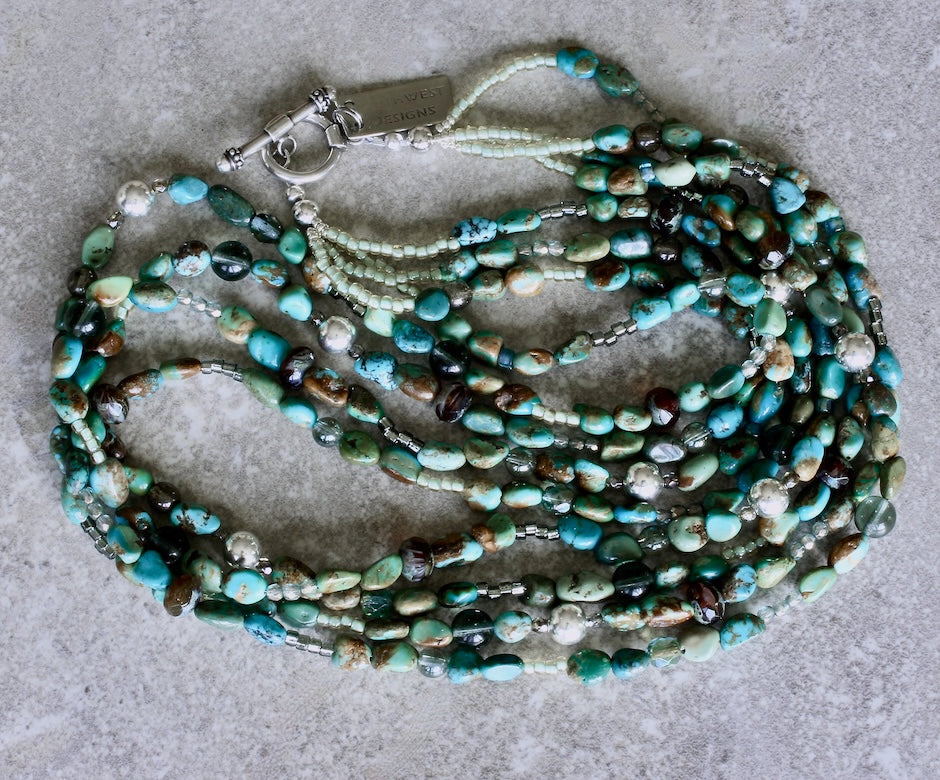 Turquoise Oval Nugget 4-Strand Necklace with Czech Glass and Sterling Silver Beads and Toggle Clasp
