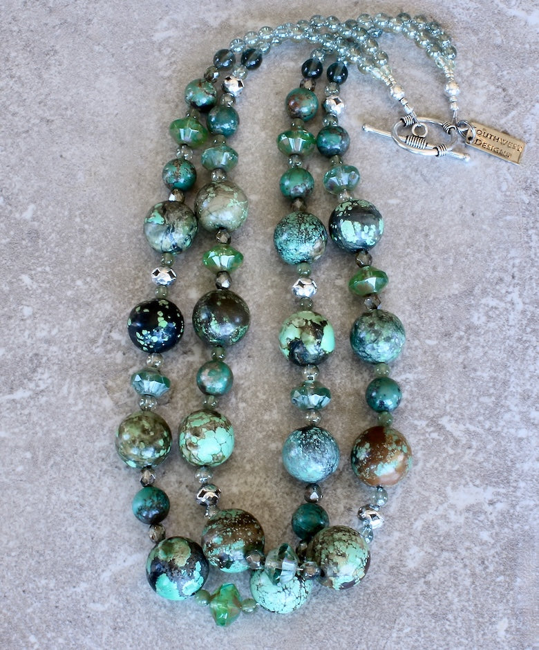 Turquoise Rounds 2-Strand Necklace with Czech Glass, Peridot, and Sterling Silver Beads & Toggle Clasp