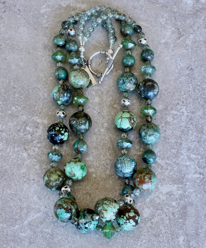 Turquoise Rounds 2-Strand Necklace with Czech Glass, Peridot, and Sterling Silver Beads & Toggle Clasp