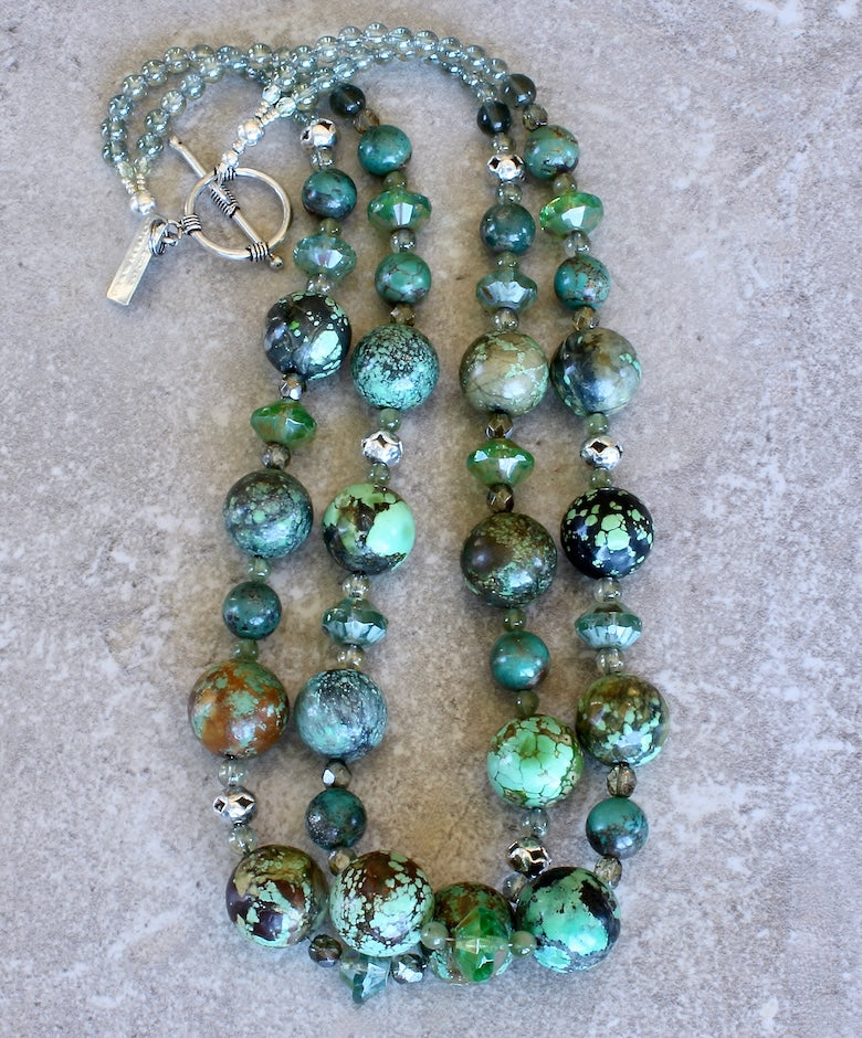 Turquoise Rounds 2-Strand Necklace with Czech Glass, Peridot, and Sterling Silver Beads & Toggle Clasp