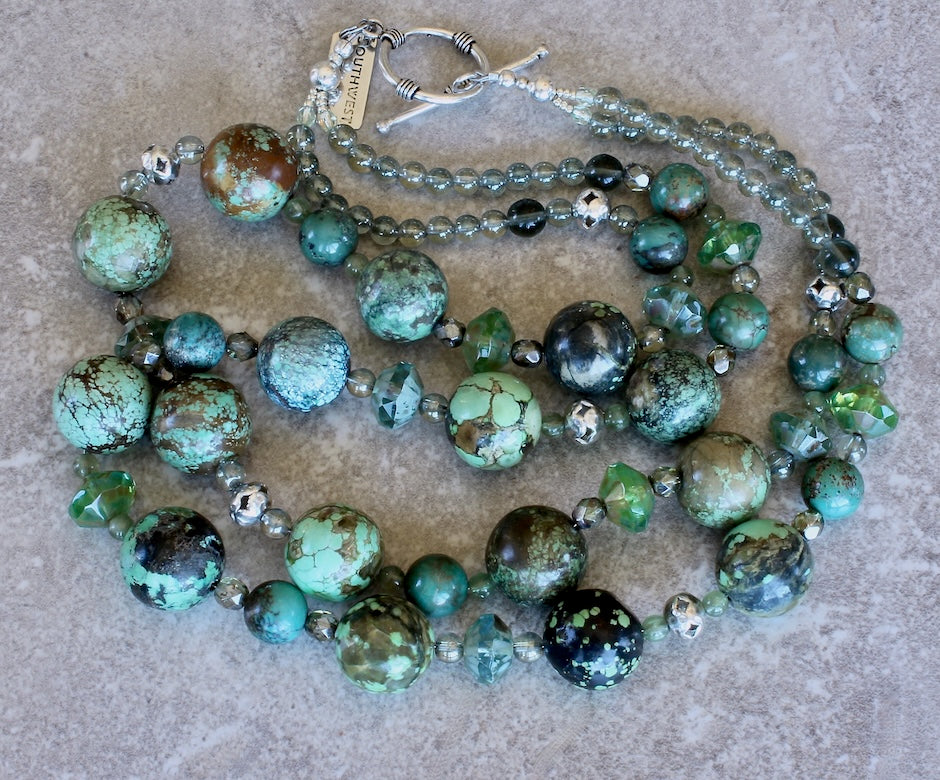 Turquoise Rounds 2-Strand Necklace with Czech Glass, Peridot, and Sterling Silver Beads & Toggle Clasp