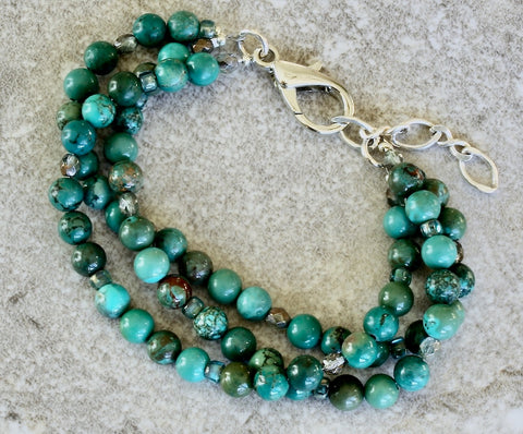 Multi-Hued Turquoise Rounds 3-Strand Bracelet with Czech Glass and a Silver Lobster Clasp & Extension Chain