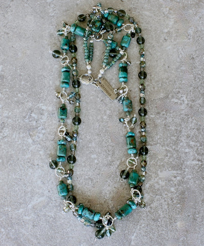 Turquoise, Czech Glass & Sterling Silver 2-Strand Necklace with 48 Handcrafted Charms