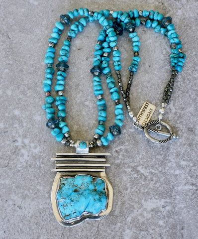 Turquoise and Sterling Silver Pendant with 3 Strands of Morenci Turquoise Nuggets, Czech Glass and Sterling Silver