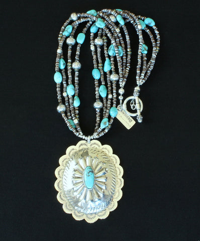 Vintage Native American Turquoise and Sterling Silver Pendant with 4 Strands of Shell Heshi, Turquoise & Sterling