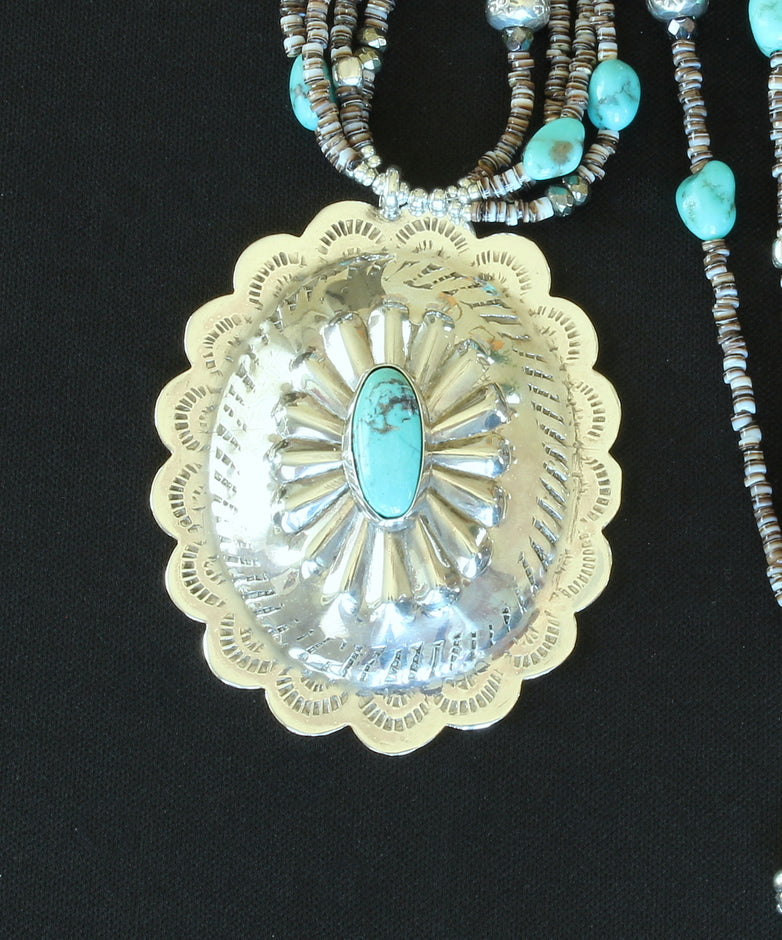 Vintage Native American Turquoise and Sterling Silver Pendant with 4 Strands of Shell Heshi, Turquoise & Sterling