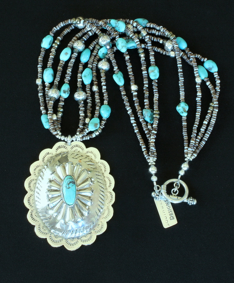 Vintage Native American Turquoise and Sterling Silver Pendant with 4 Strands of Shell Heshi, Turquoise & Sterling