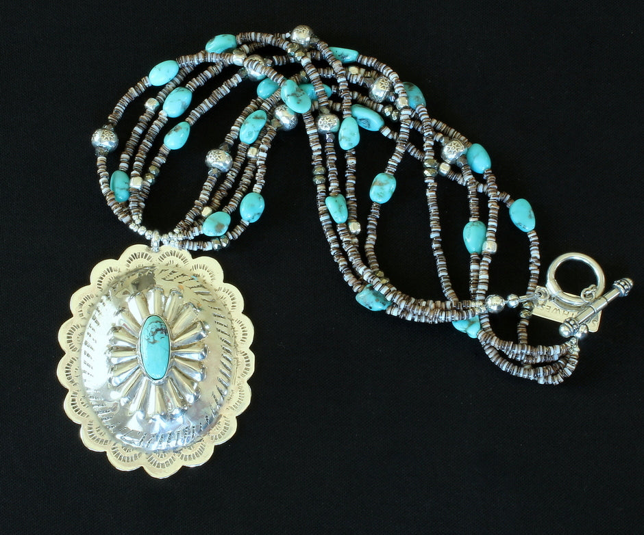 Vintage Native American Turquoise and Sterling Silver Pendant with 4 Strands of Shell Heshi, Turquoise & Sterling