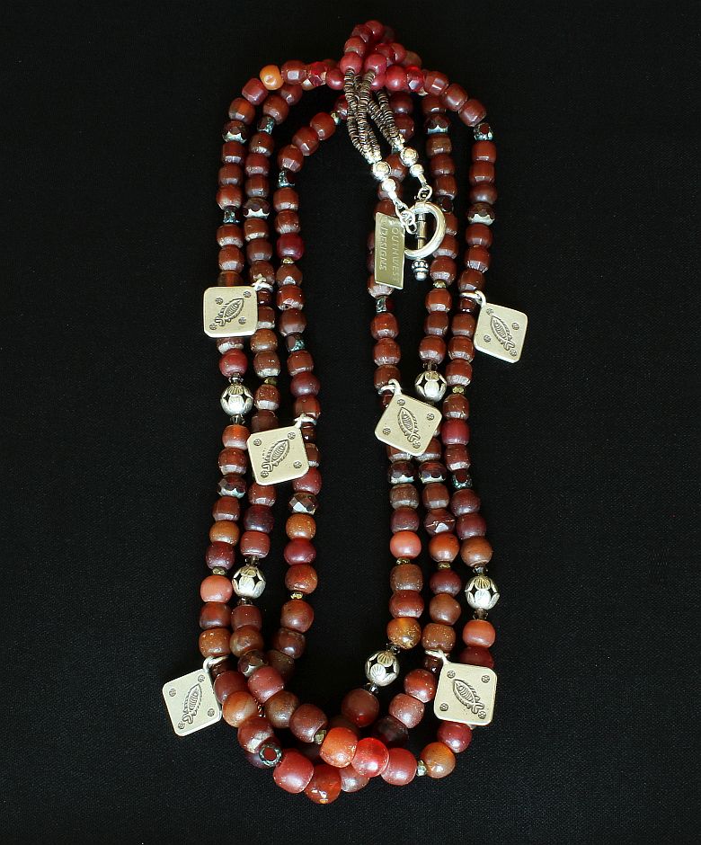 Vintage Burgundy Glass Rondelle Bead Necklace with Czech Glass and Sterling Silver Beads, Charms and Toggle Clasp