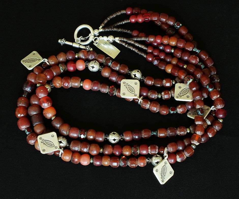 Vintage Burgundy Glass Rondelle Bead Necklace with Czech Glass and Sterling Silver Beads, Charms and Toggle Clasp