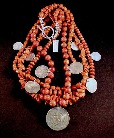 Blended Coral 4-Strand Necklace with Vintage Mexican Silver Coins