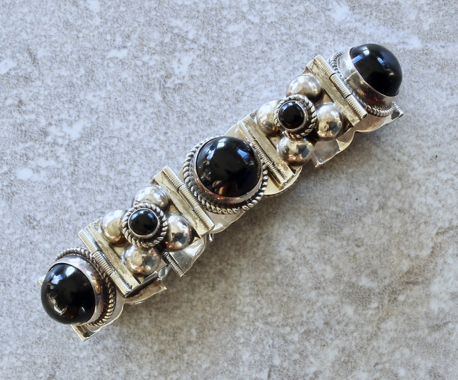 Vintage Onyx & Sterling Silver Reticulated Bracelet with Box Clasp