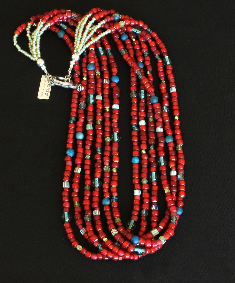 Antique Red White Heart Bead 6-Strand Necklace with Apatite, Peridot, Czech Glass and Sterling Silver