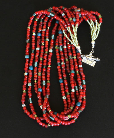 Antique Red White Heart Bead 6-Strand Necklace with Apatite, Peridot, Czech Glass and Sterling Silver