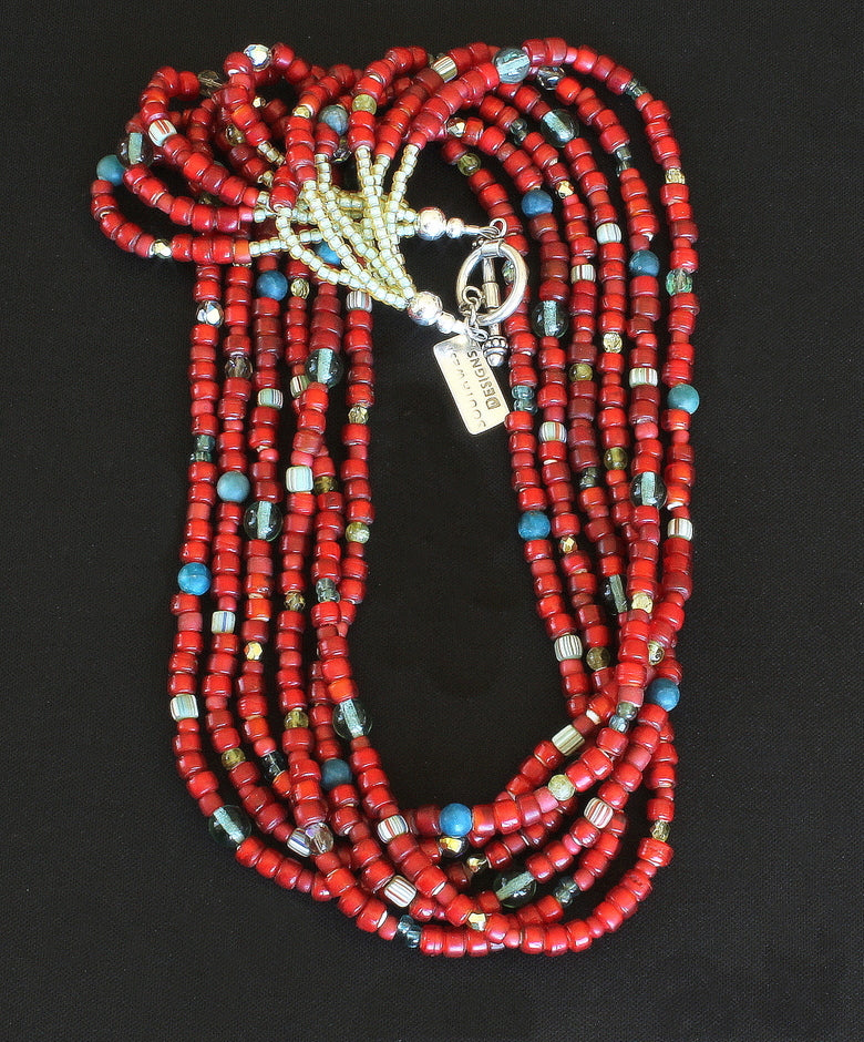 Antique Red White Heart Bead 6-Strand Necklace with Apatite, Peridot, Czech Glass and Sterling Silver