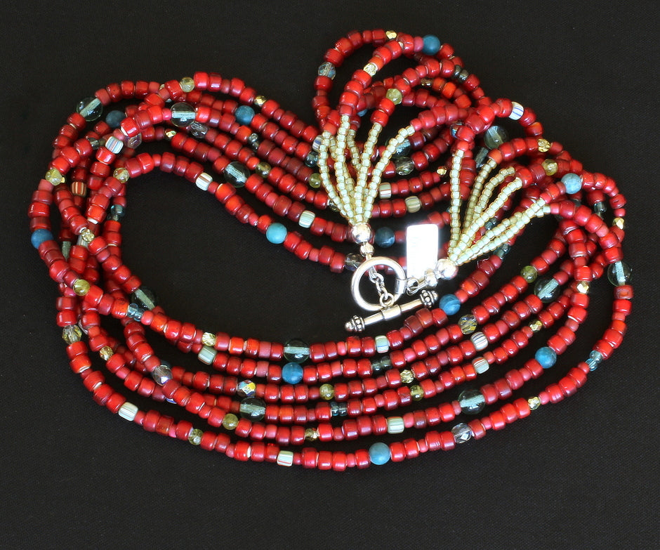 Antique Red White Heart Bead 6-Strand Necklace with Apatite, Peridot, Czech Glass and Sterling Silver