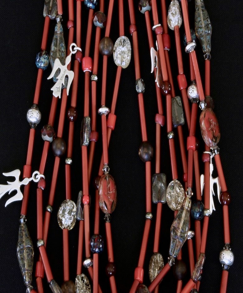 Antique White Heart Bead 8-Strand Necklace with Gemstones, Czech Glass, Hill Tribe Silver Beads, and Sterling Silver Charms & Toggle Clasp