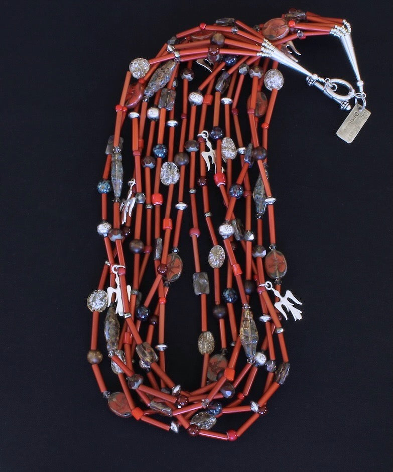 Antique White Heart Bead 8-Strand Necklace with Gemstones, Czech Glass, Hill Tribe Silver Beads, and Sterling Silver Charms & Toggle Clasp