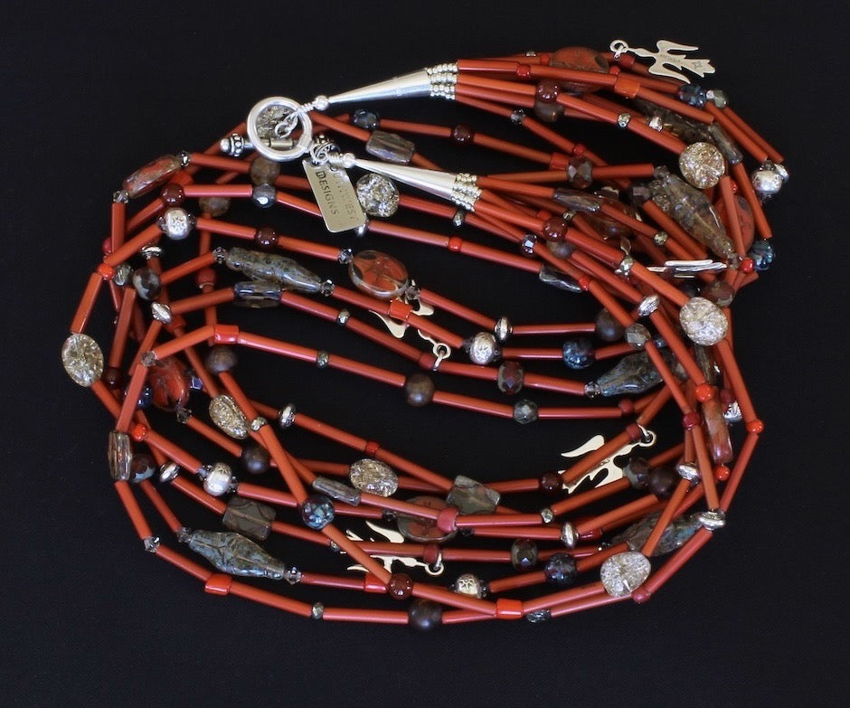 Antique White Heart Bead 8-Strand Necklace with Gemstones, Czech Glass, Hill Tribe Silver Beads, and Sterling Silver Charms & Toggle Clasp