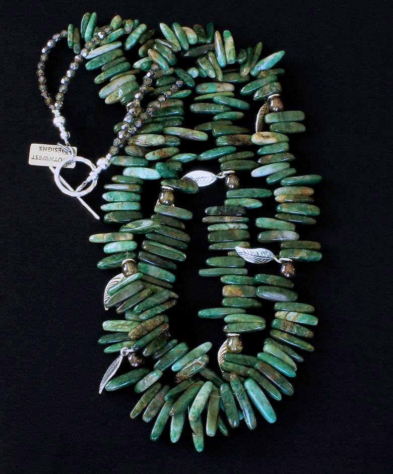 Green Jade Spike 2-Strand Necklace with Czech Glass and Sterling Silver
