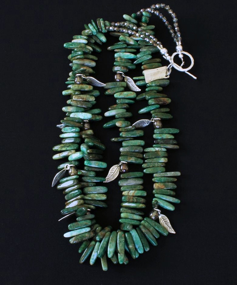 Green Jade Spike 2-Strand Necklace with Czech Glass and Sterling Silver