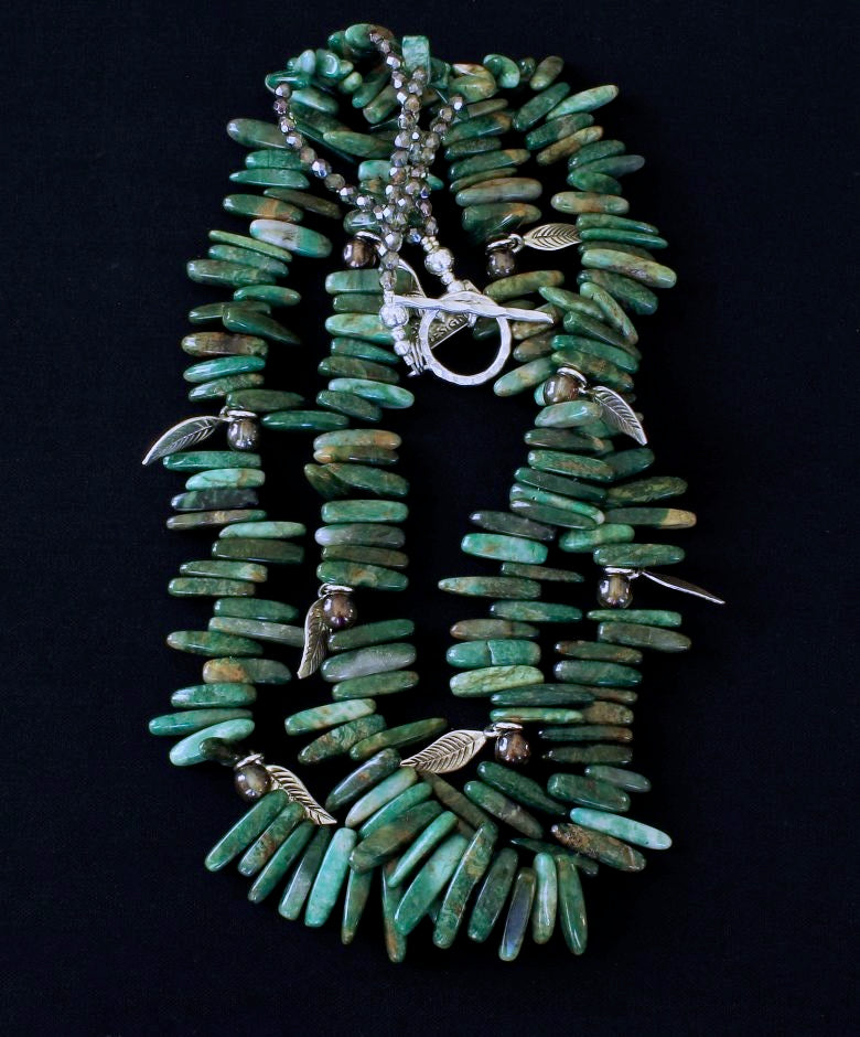 Green Jade Spike 2-Strand Necklace with Czech Glass and Sterling Silver