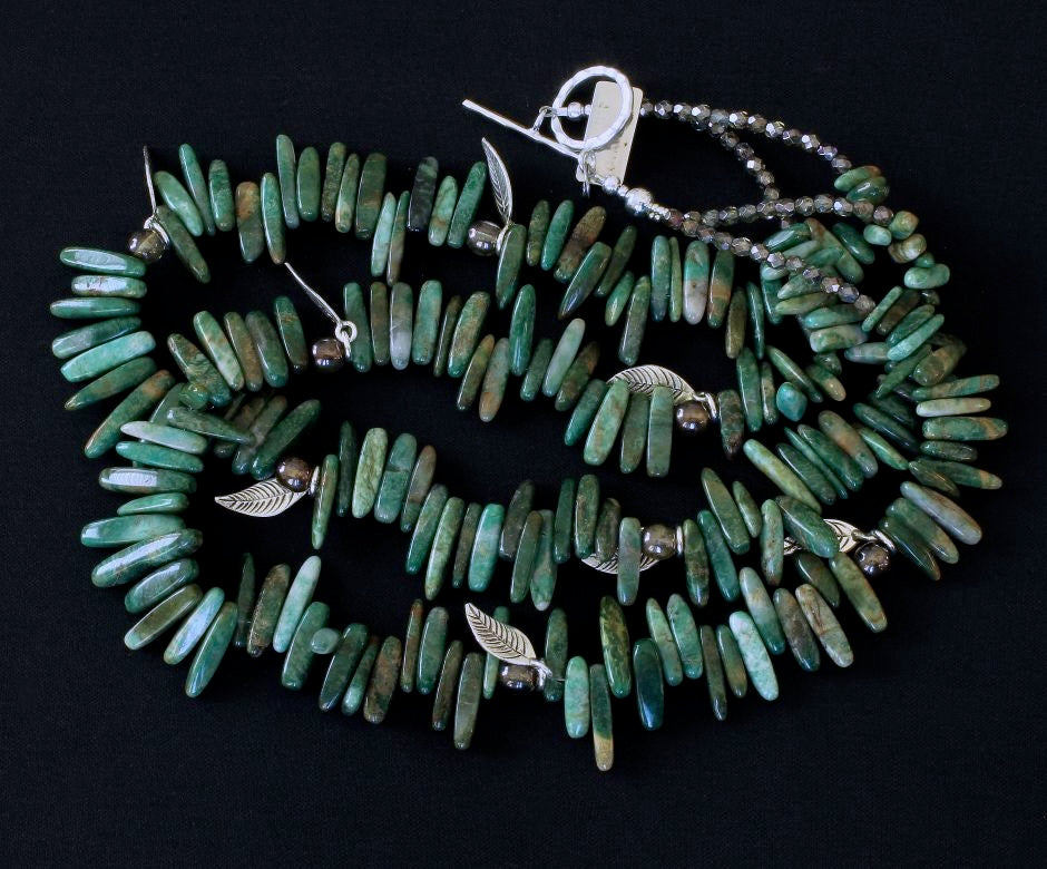 Green Jade Spike 2-Strand Necklace with Czech Glass and Sterling Silver