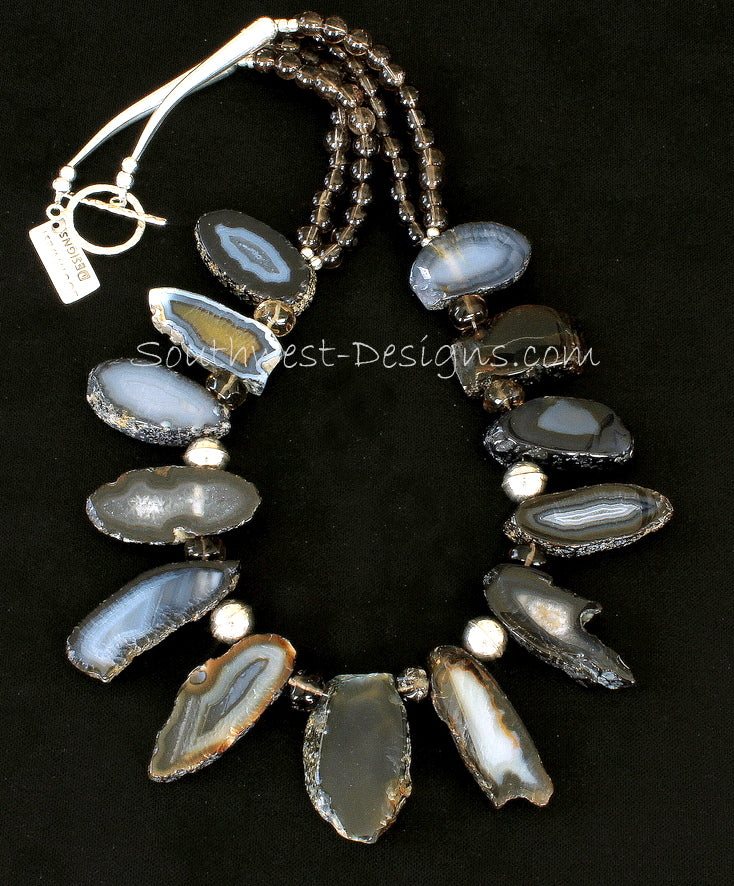 Agate Slab Necklace with Smoky Quartz Rondelles and Rounds and Sterling Silver