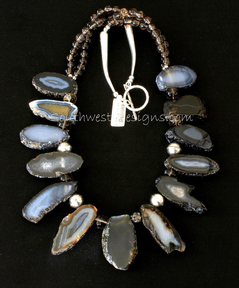 Agate Slab Necklace with Smoky Quartz Rondelles and Rounds and Sterling Silver
