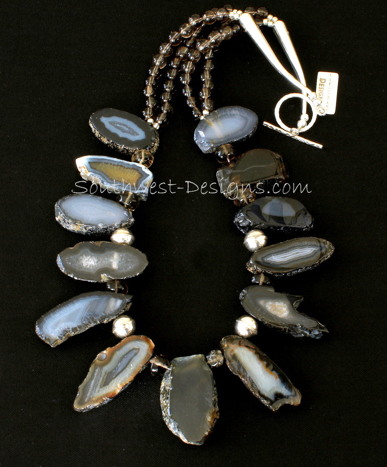 Agate Slab Necklace with Smoky Quartz Rondelles and Rounds and Sterling Silver