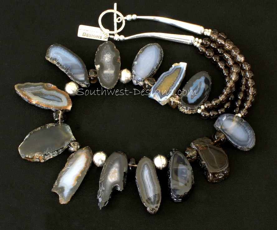 Agate Slab Necklace with Smoky Quartz Rondelles and Rounds and Sterling Silver