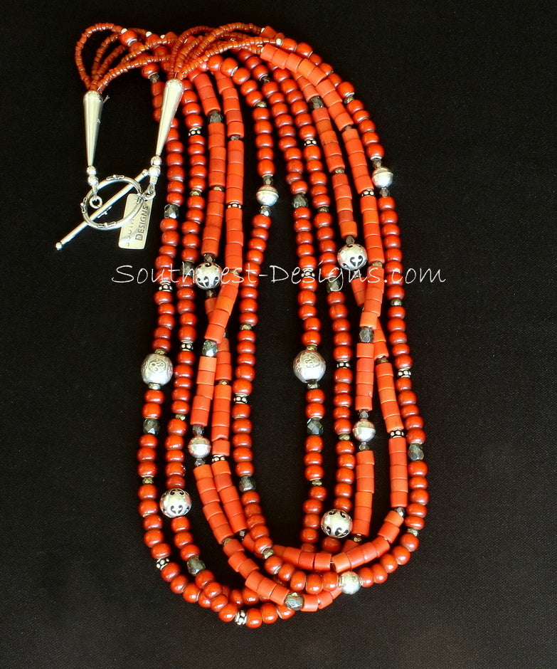 Antique African Glass and White Heart Bead Necklace with Sterling Silver