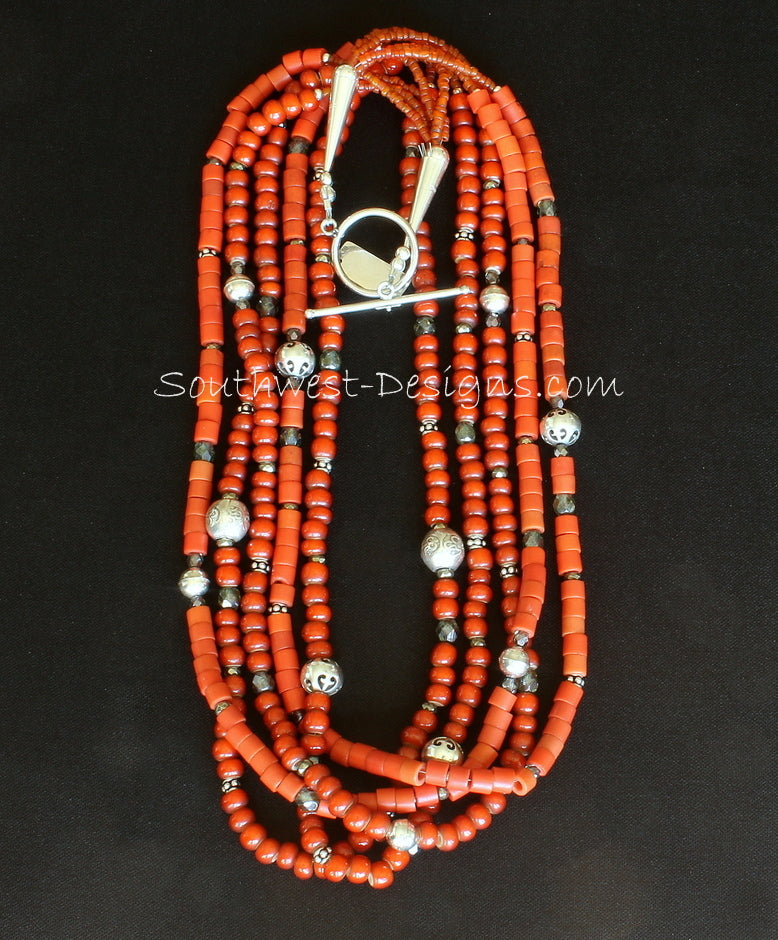 Antique African Glass and White Heart Bead Necklace with Sterling Silver