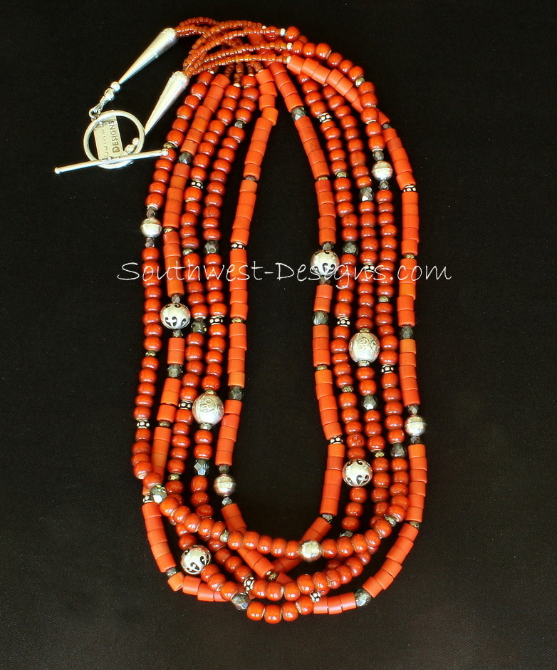 Antique African Glass and White Heart Bead Necklace with Sterling Silver