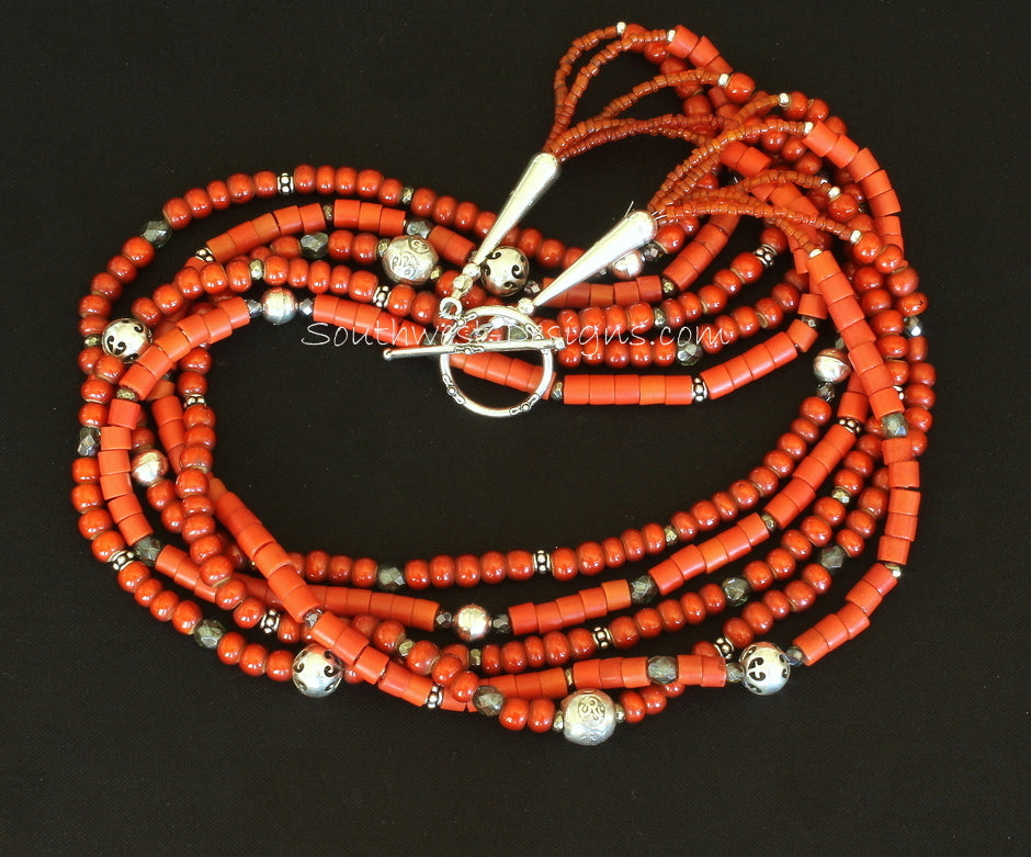 Antique African Glass and White Heart Bead Necklace with Sterling Silver