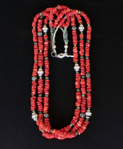 Bamboo Coral Heishi 3-Strand Necklace with Czech Glass and Sterling Silver
