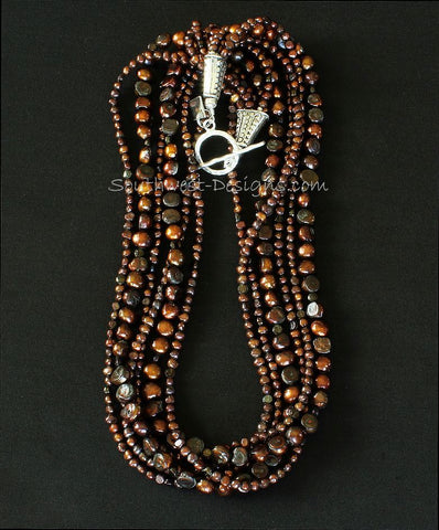 Bronze Pearl 6-Strand Necklace with Czech Nailheads and Sterling Silver
