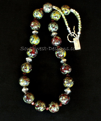Burgundy, Gold and Moss Green Art Glass Necklace with Fire Polished Glass and Sterling Silver