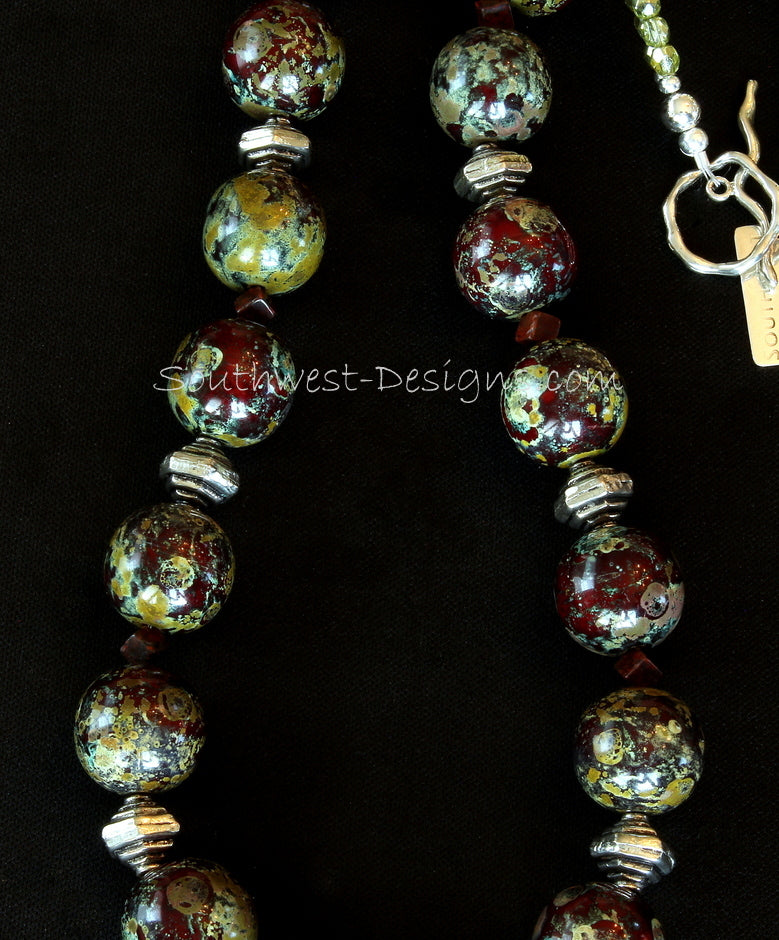 Burgundy, Gold and Moss Green Art Glass Necklace with Fire Polished Glass and Sterling Silver