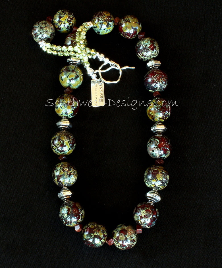 Burgundy, Gold and Moss Green Art Glass Necklace with Fire Polished Glass and Sterling Silver