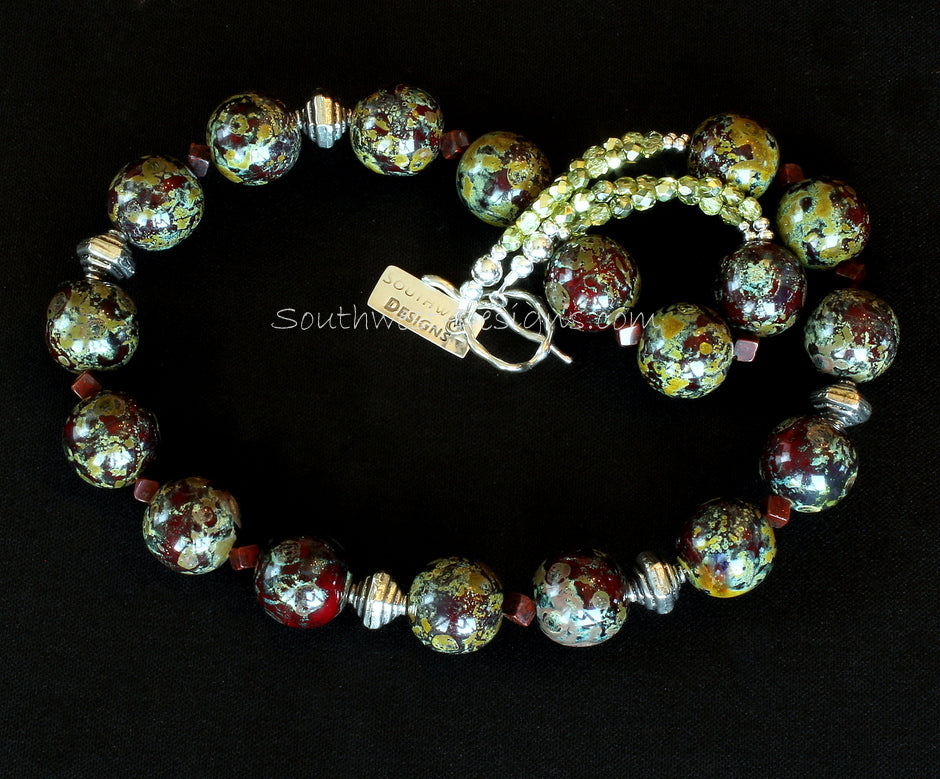 Burgundy, Gold and Moss Green Art Glass Necklace with Fire Polished Glass and Sterling Silver