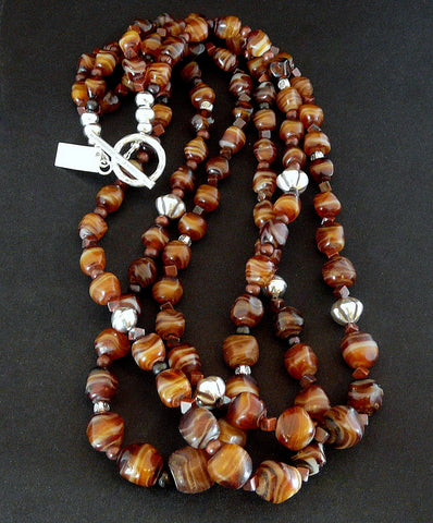 Vintage Carnelian Agate 3-Strand Necklace with Jasper and Sterling Silver