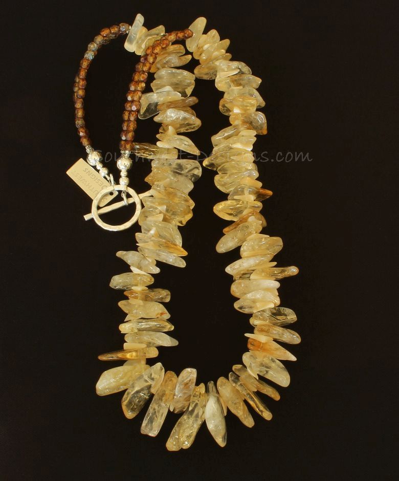 Citrine Graduated Spike Necklace with Mother of Pearl, Amber Glass and Sterling Silver