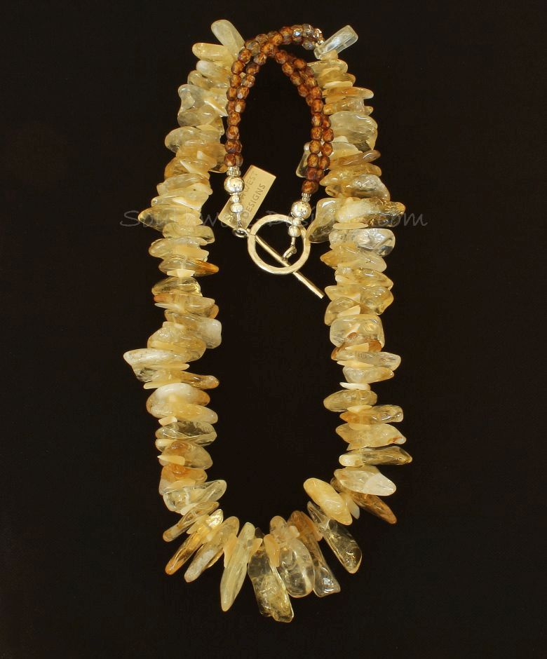 Citrine Graduated Spike Necklace with Mother of Pearl, Amber Glass and Sterling Silver